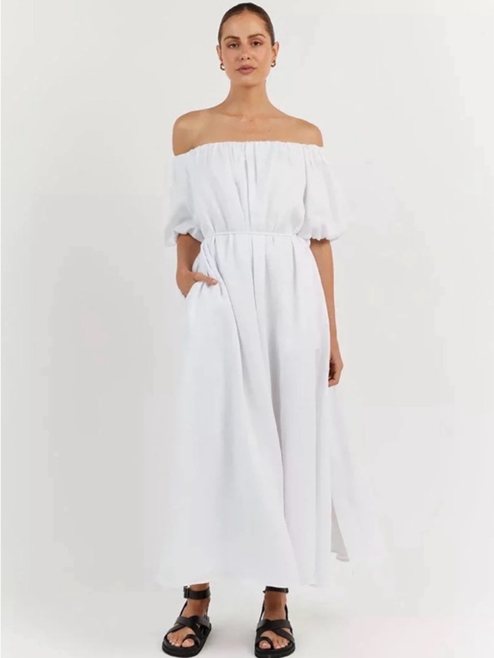 DISSH Penelope Off-Shoulder White Linen Maxi Dress